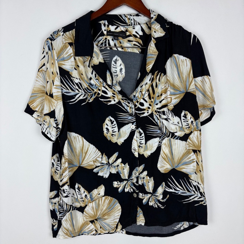 Joan Vass‎ Button Down Shirt Tropical Leaf Print Viscose Top